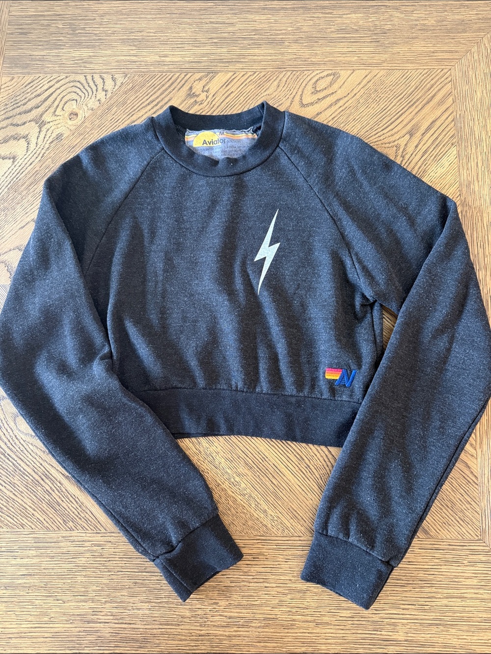 Aviator Nation Girls Heathered Black Cropped Lightning Sweatshirt
